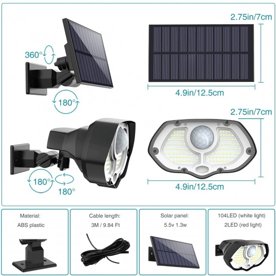 Zahradní solární lampa s detektorem pohybu, 106 LED, 3 režimy, 2200 mAh Zahradní solární lampa s detektorem pohybu, 106 LED, 3 režimy, 2200 mAh
