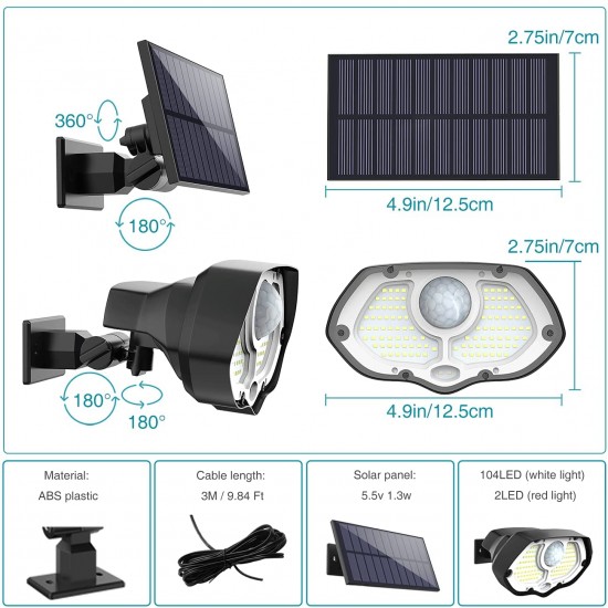 Zahradní solární lampa s detektorem pohybu, 106 LED, 3 režimy, 2200 mAh 