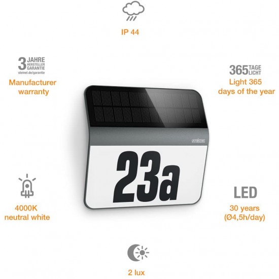 Osvětlení čísla domu LED XSolar LH-N se spínačem soumraku, 4000 kelvin, antracit Osvětlení čísla domu LED XSolar LH-N se spínačem soumraku, 4000 kelvin, antracit