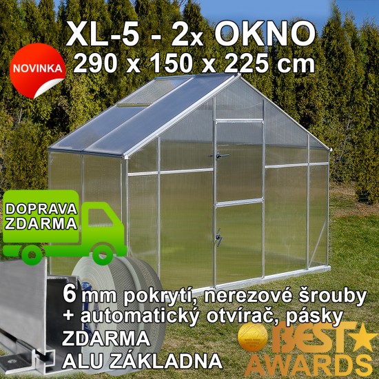 Skleník GAMPRE SANUS XL-05, 290 x 150 cm, 6 mm + zdarma otvírač, pásky a svorky