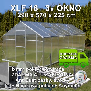 Skleník GAMPRE SANUS XLF-16, 290 x 570 cm, 6 mm + zdarma otvírače, police, pásky a svorky