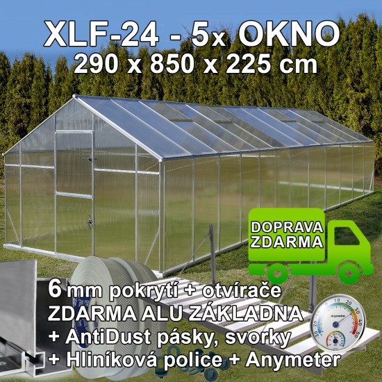 Skleník GAMPRE SANUS XLF-24, 290 x 850 cm, 6 mm + zdarma otvírače, police, pásky a svorky Skleník GAMPRE SANUS XLF-24, 290 x 850 cm, 6 mm + zdarma otvírače, police, pásky a svorky