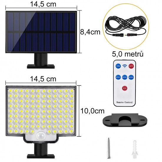 Zahradní solární světlo s detektorem pohybu, 106 LED, 4 režimy, 3000 mAh, 6500 K