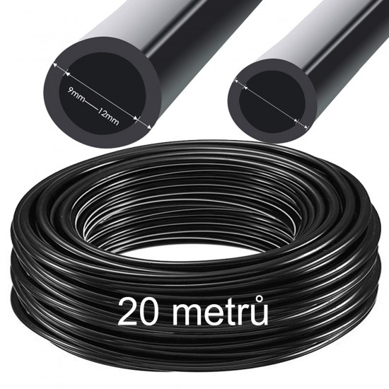 PE 12 mm Distribuční černá hadice 9/12 mm pro zavlažování, 20 metrů PE 12 mm Distribuční černá hadice 9/12 mm pro zavlažování, 20 metrů