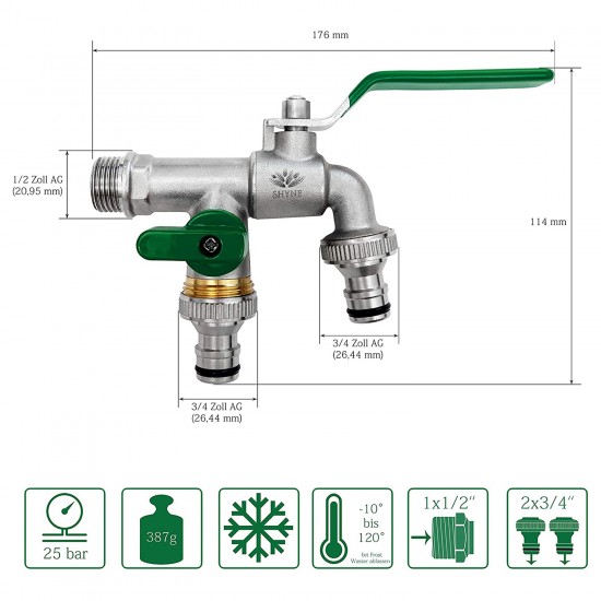 Zahradní kohoutek Premium, dvojitý kohoutek odolný vůči korozi a mrazu + 2x přípojky